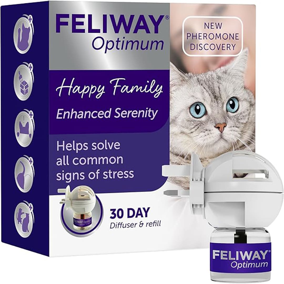 FELIWAY Optimum 30-Day Cat Calming Plug-In Pheromone Diffuser Starter Kit (48ml) – Reduces Stress, Scratching & Spraying – Veterinary Recommended – Drug-Free – Clinically Proven – Covers Up to 70m²