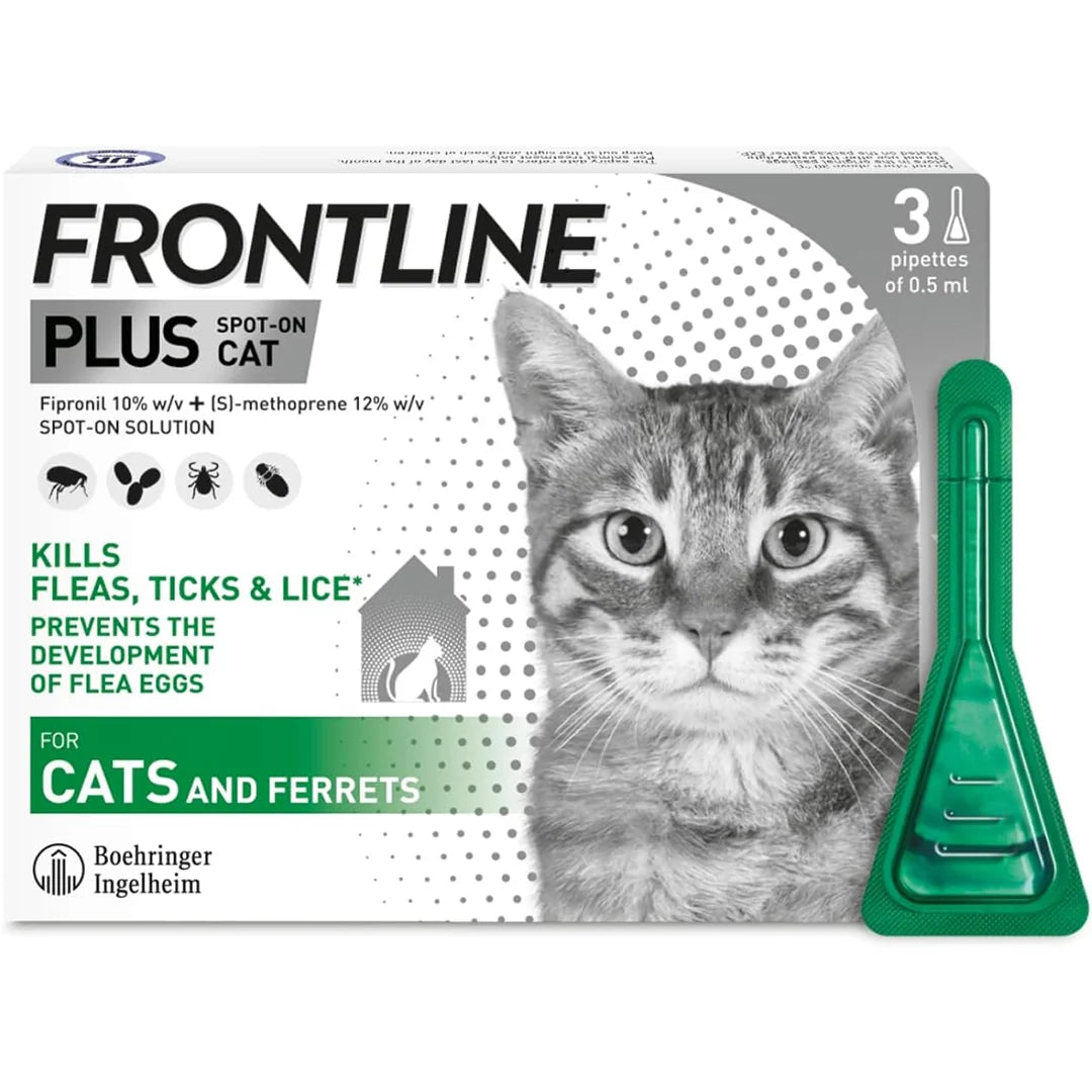 FRONTLINE Plus Flea & Tick Treatment for Cats & Ferrets – Pack of 3 Pipettes