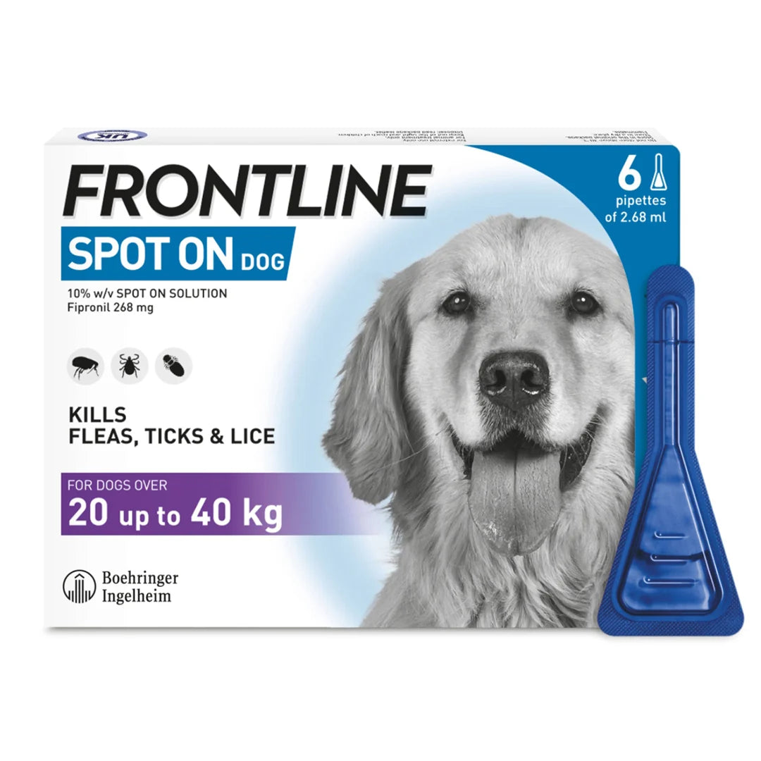 Frontline Spot On Flea & Tick Protection for Large Dogs (20-40kg) – Pack of 6 Pipettes, Vet-Strength Spot-On Solution