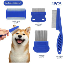 Flea Comb for Dogs & Cats – 4 Piece Fine Tooth Lice & Flea Removal Grooming Set, Blue