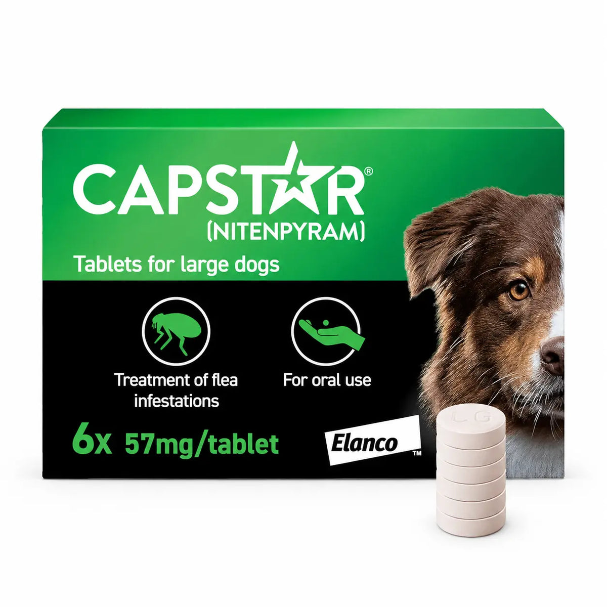 Capstar Fast-Acting Flea Tablets for Large Dogs (11kg–57kg) – Kills Adult Fleas in 6 Hours – Starts Working in 15–30 Minutes – Pack of 6 Tablets (6 x 57 mg)